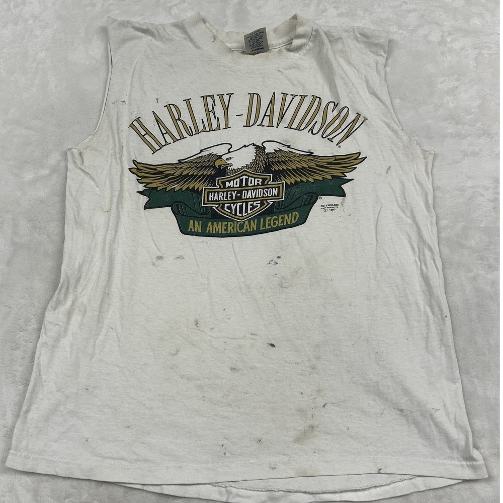 Harley davidson 3D emblem Mens M White Vintage 90s Thrashed Sleeveless Tee